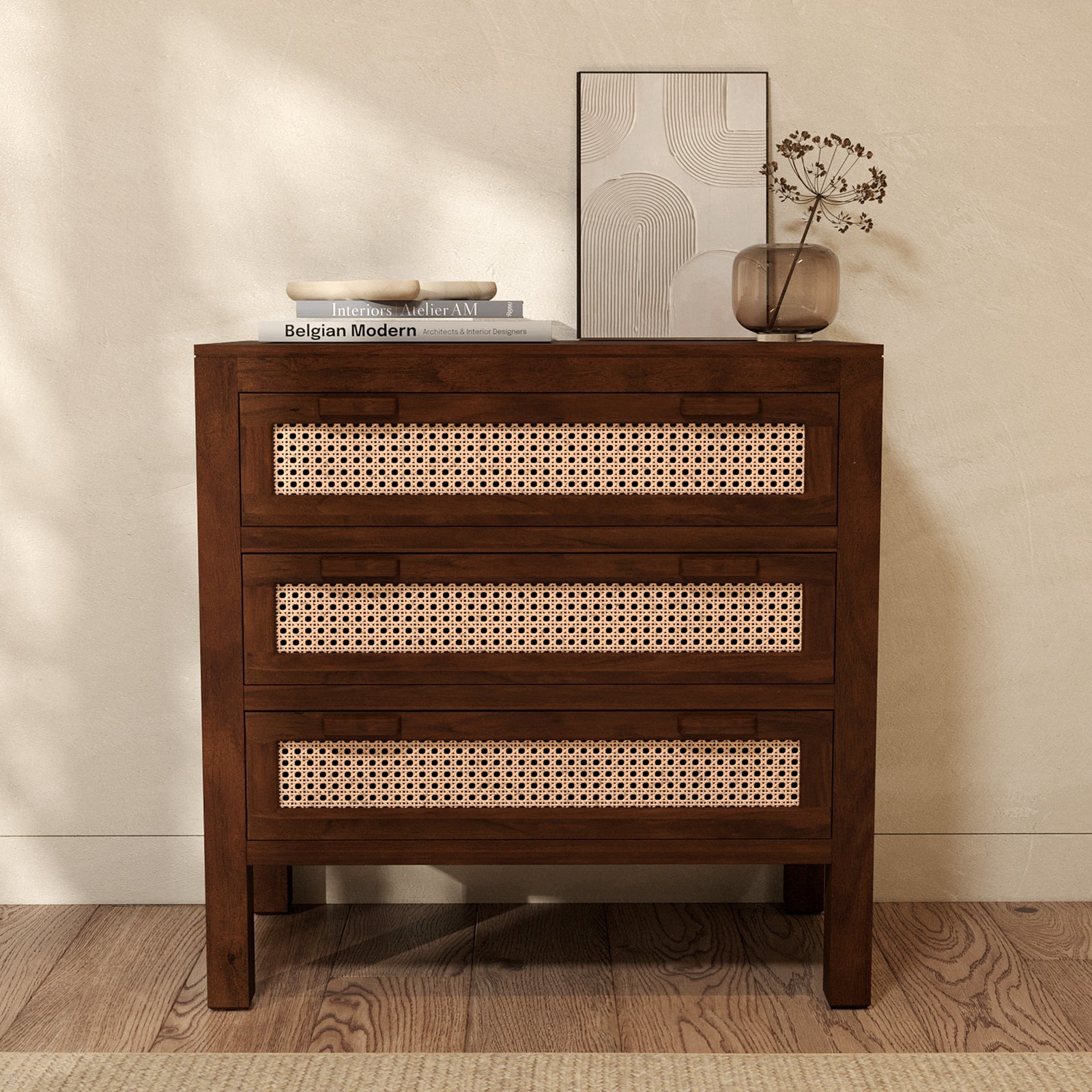 vintage commode bois fonce et cannage