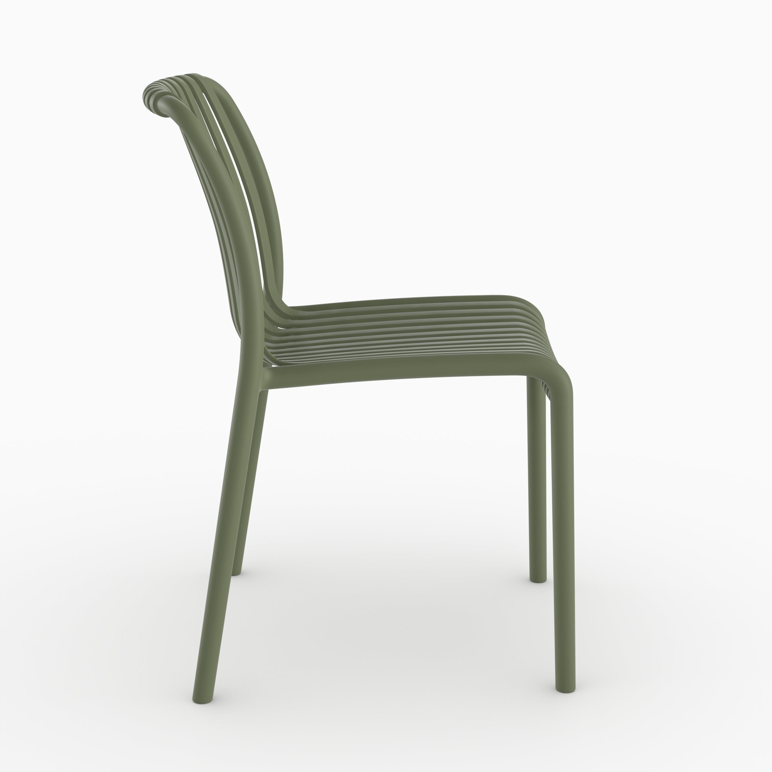 Vue côté chaise jardin empilable Duli plastique vert kaki