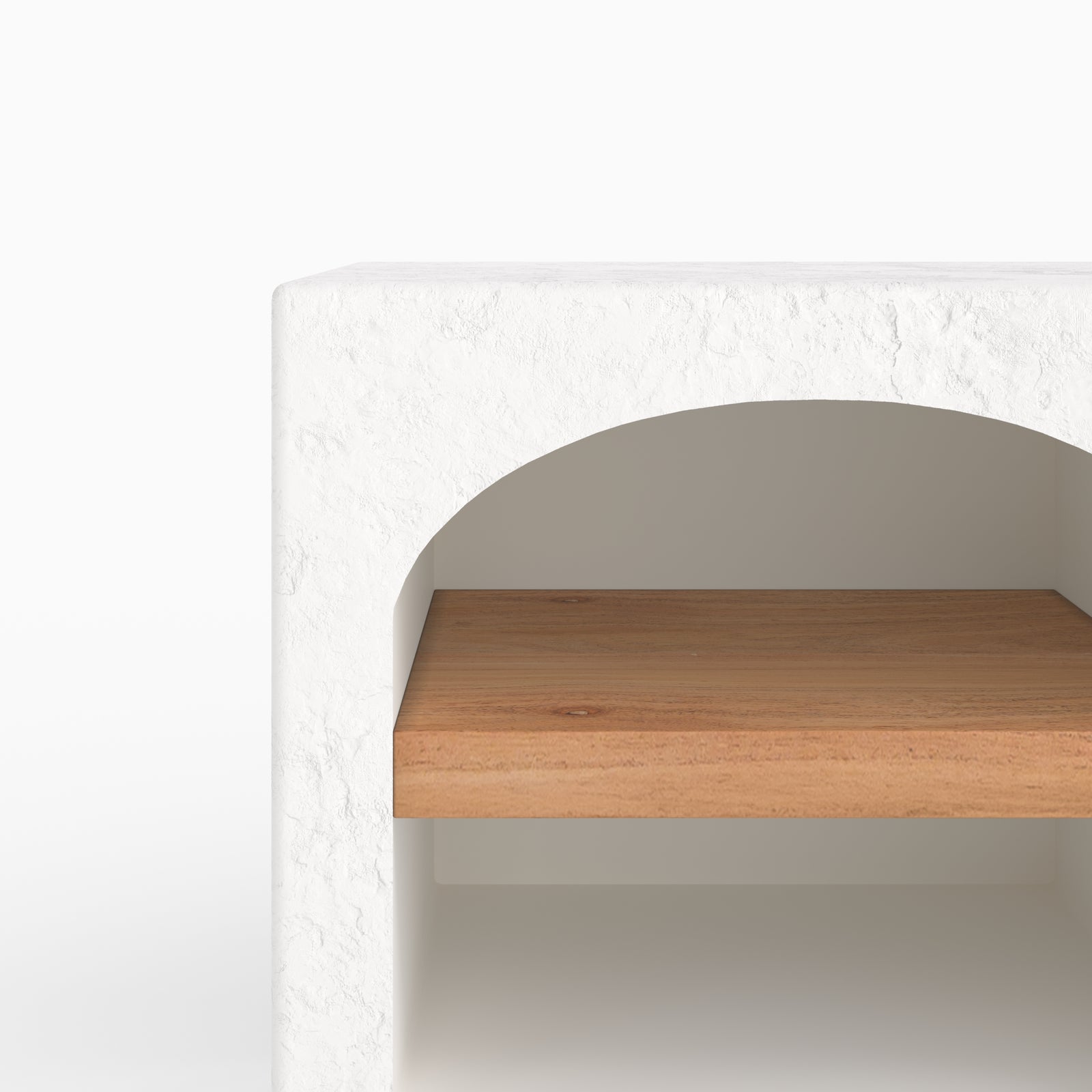 Vue dessus plateau acacia table chevet Fira blanc cassé plâtre texture bois