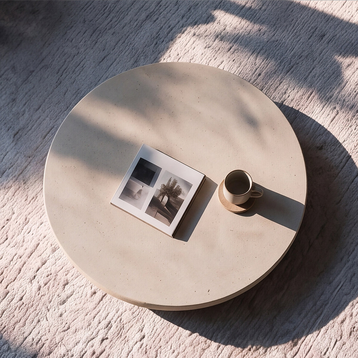 Vue du dessus table basse ronde béton livre et café Milos – Maison Pavane