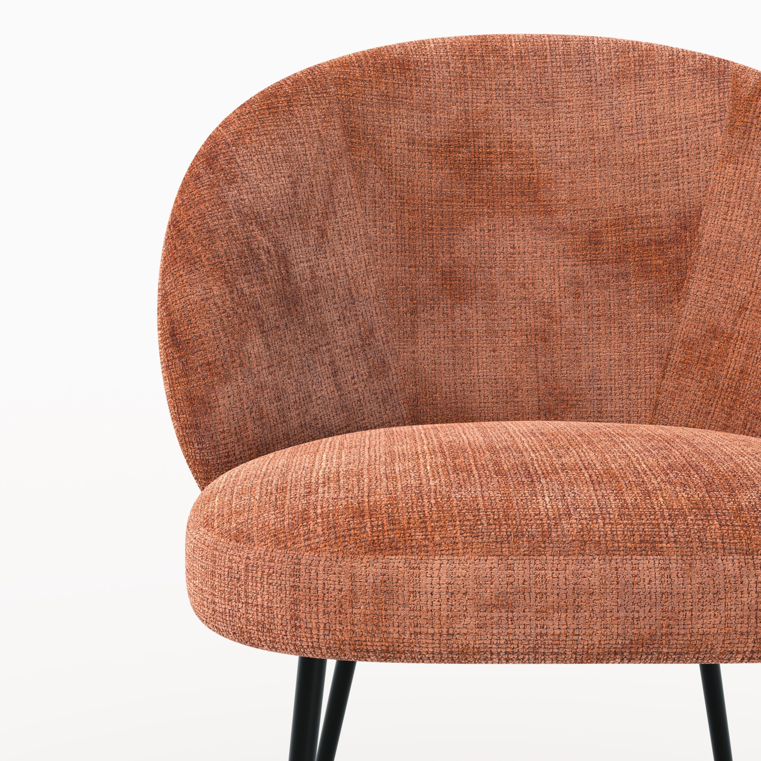 Vue ensemble chaise Bloomy en velours chenille terracotta et métal noir