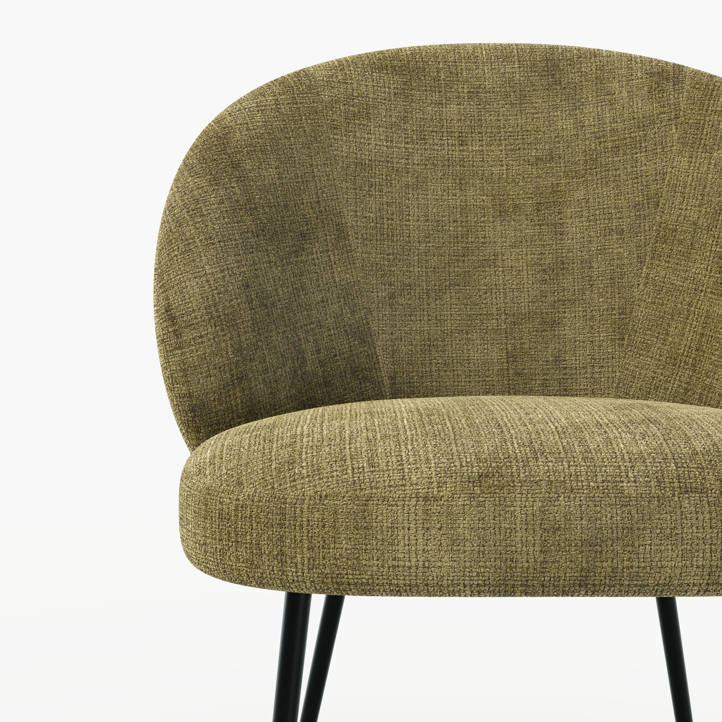 Vue ensemble chaise Bloomy en velours chenille vert olive foncé et métal noir