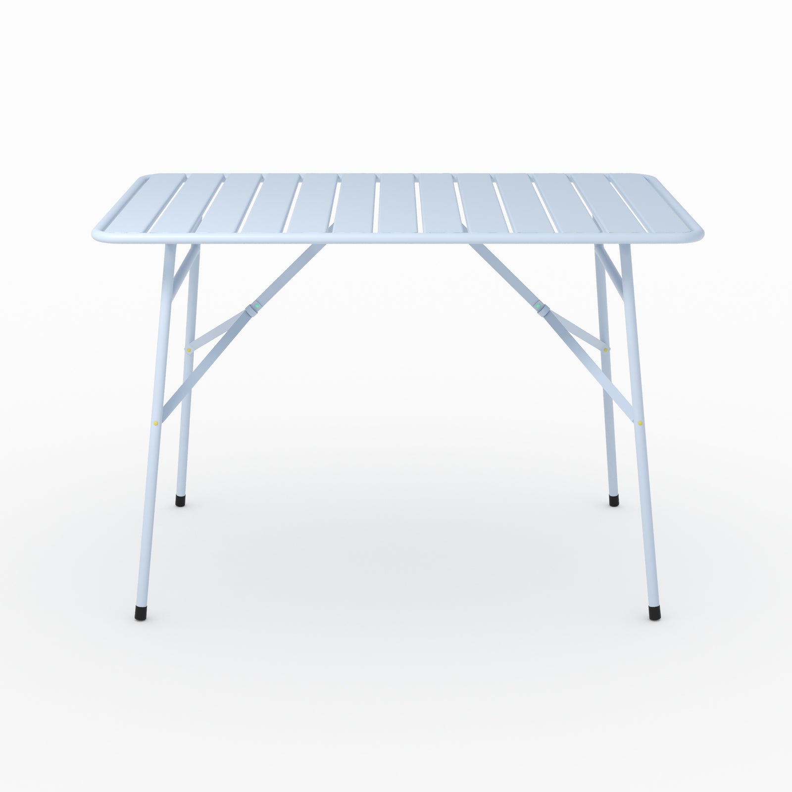 Vue ensemble table de jardin Yumi pliante en métal bleu pastel 4 personnes