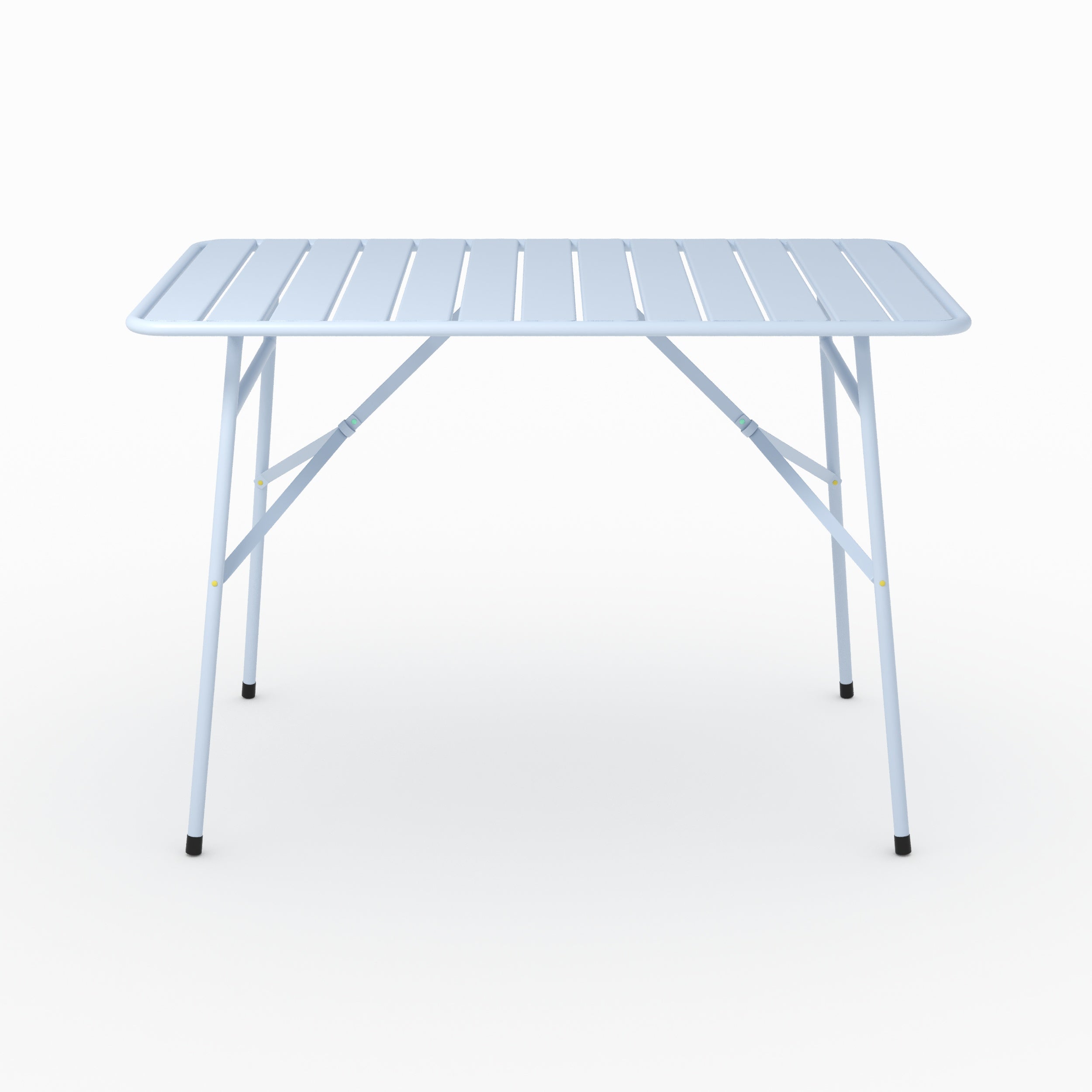 Vue ensemble table de jardin Yumi pliante en métal bleu pastel 4 personnes