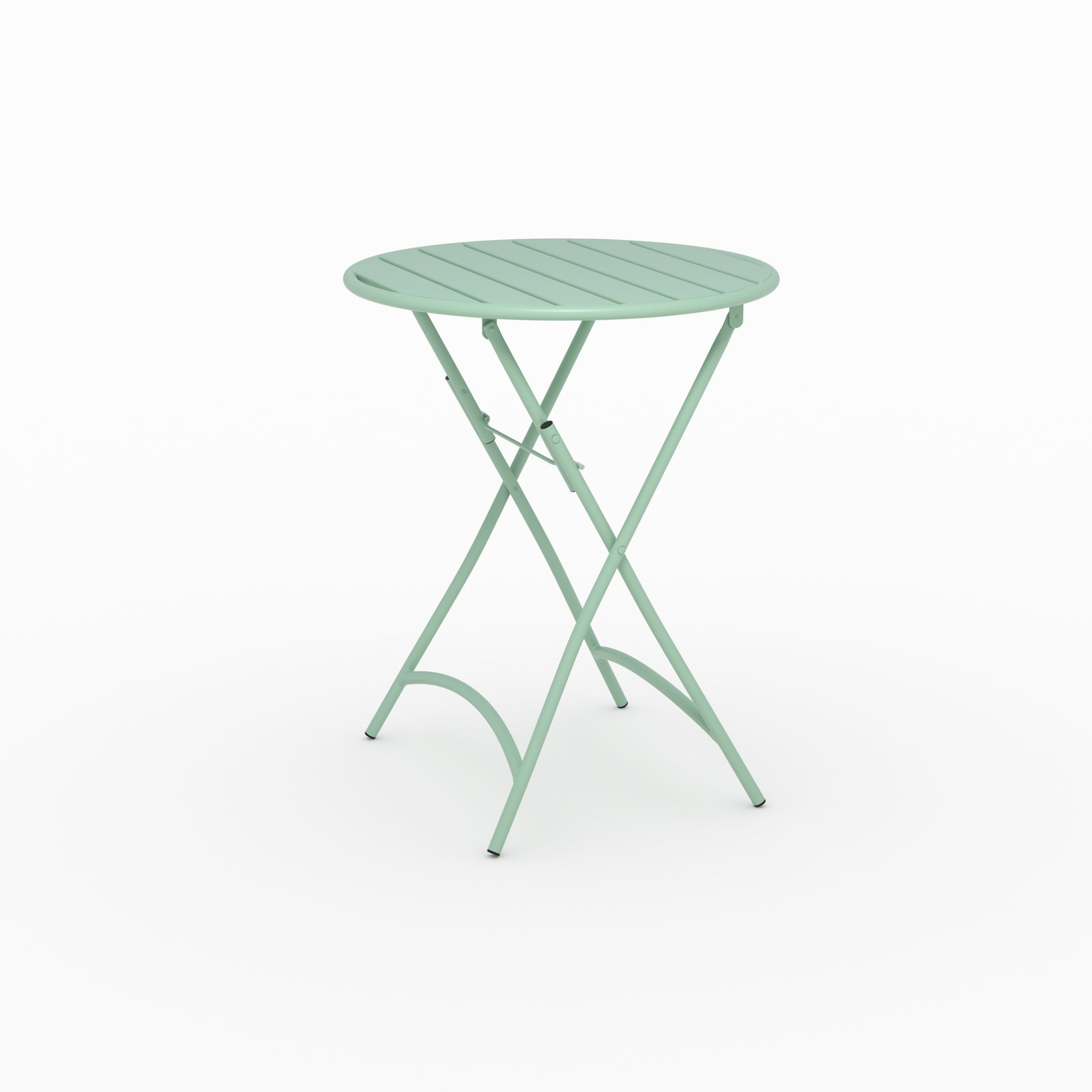 Vue ensemble table de jardin Yumi ronde et pliante en métal vert clair 2 personnes