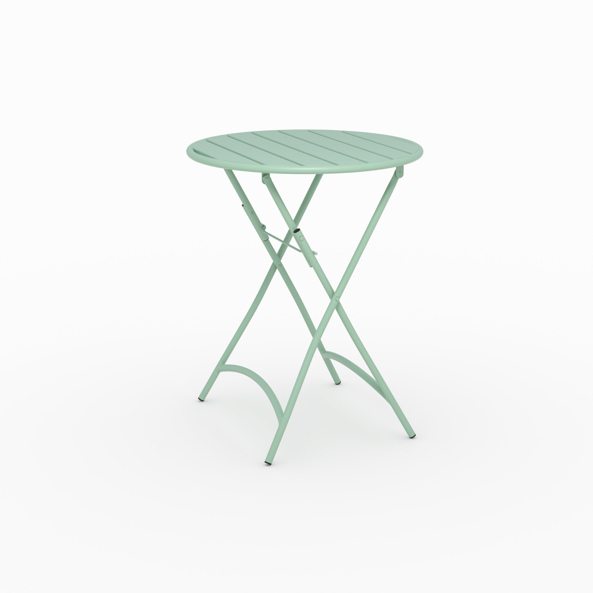 Vue ensemble table de jardin Yumi ronde et pliante en métal vert clair 2 personnes