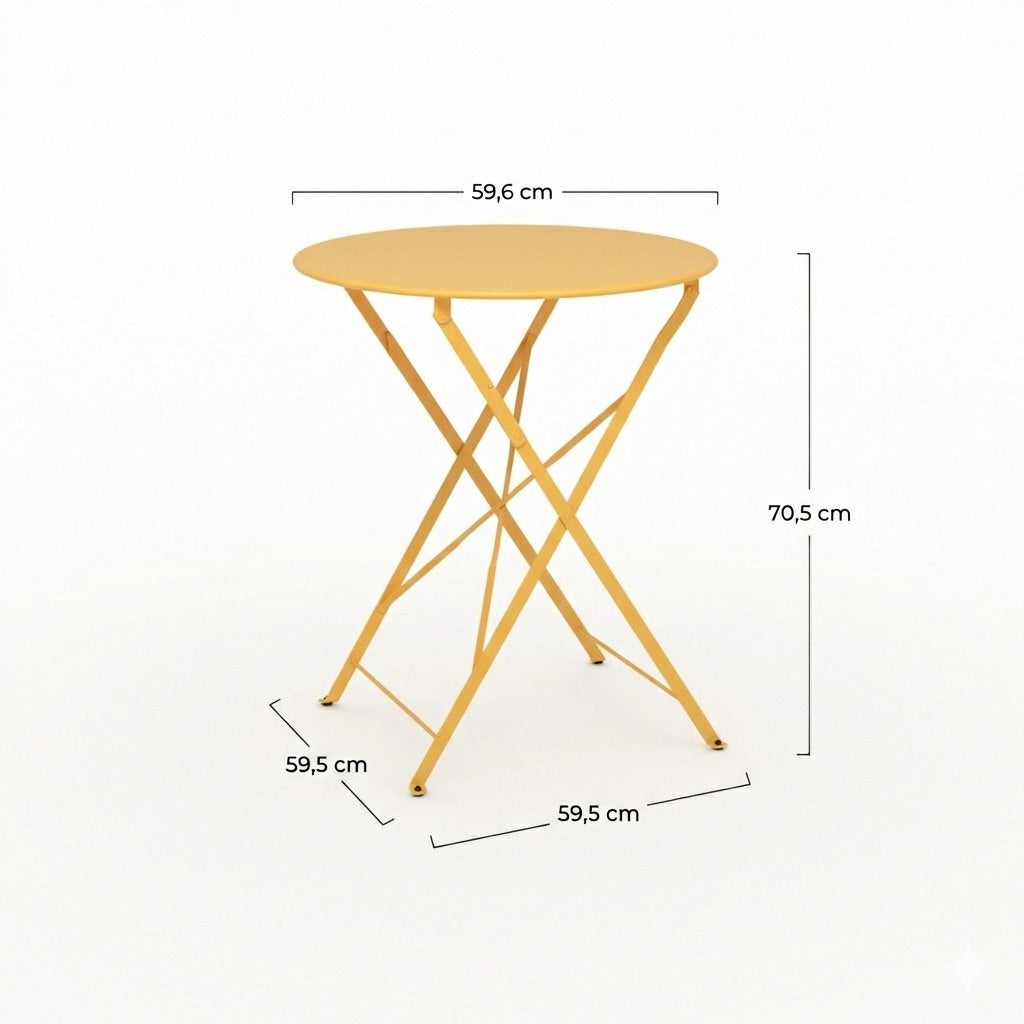 Zoom design table de jardin Kayla ronde et pliante en métal jaune beurre 2 personnes