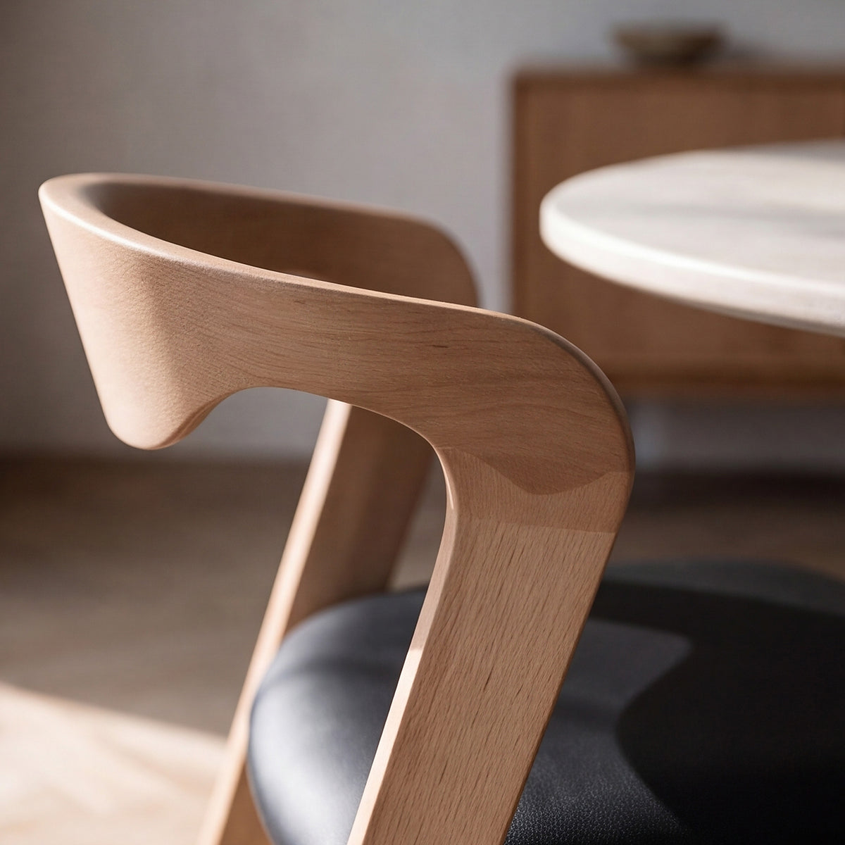 Zoom dossier en bois assise cuir synthétique – Maison Pavane