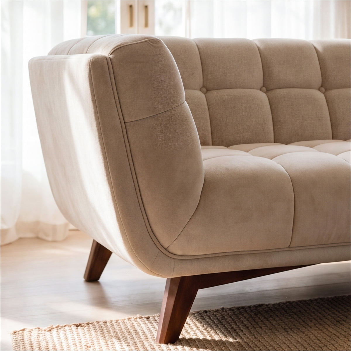 Zoom sur le côté du canapé en velours beige pieds bois Mona – Maison Pavane